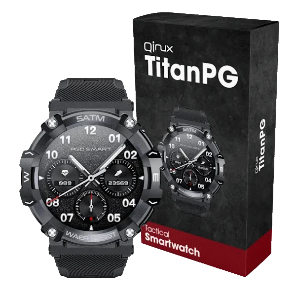 Qinux TitanPG rugged smartwatch in black with its box